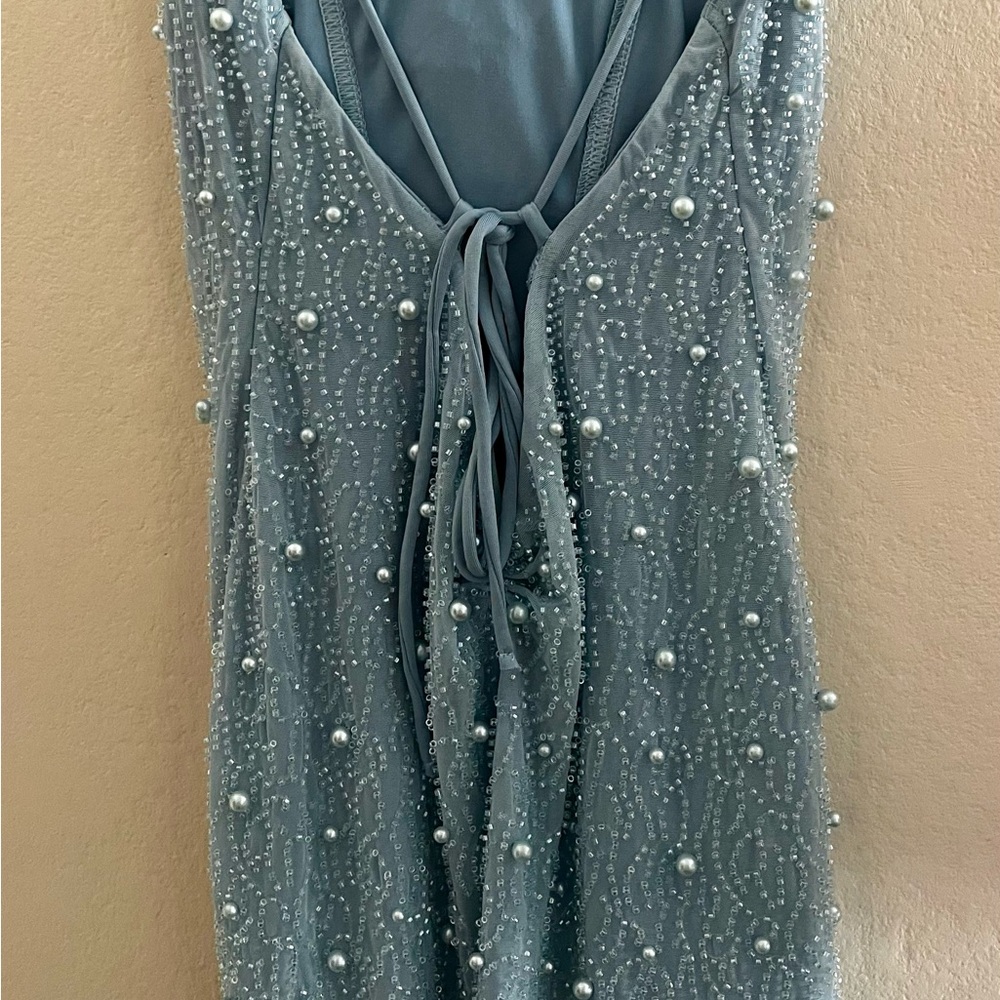 Oh Polly Seychelles Embellished Cowl Neck Mini Dress in Blue - Picture 6 of 10